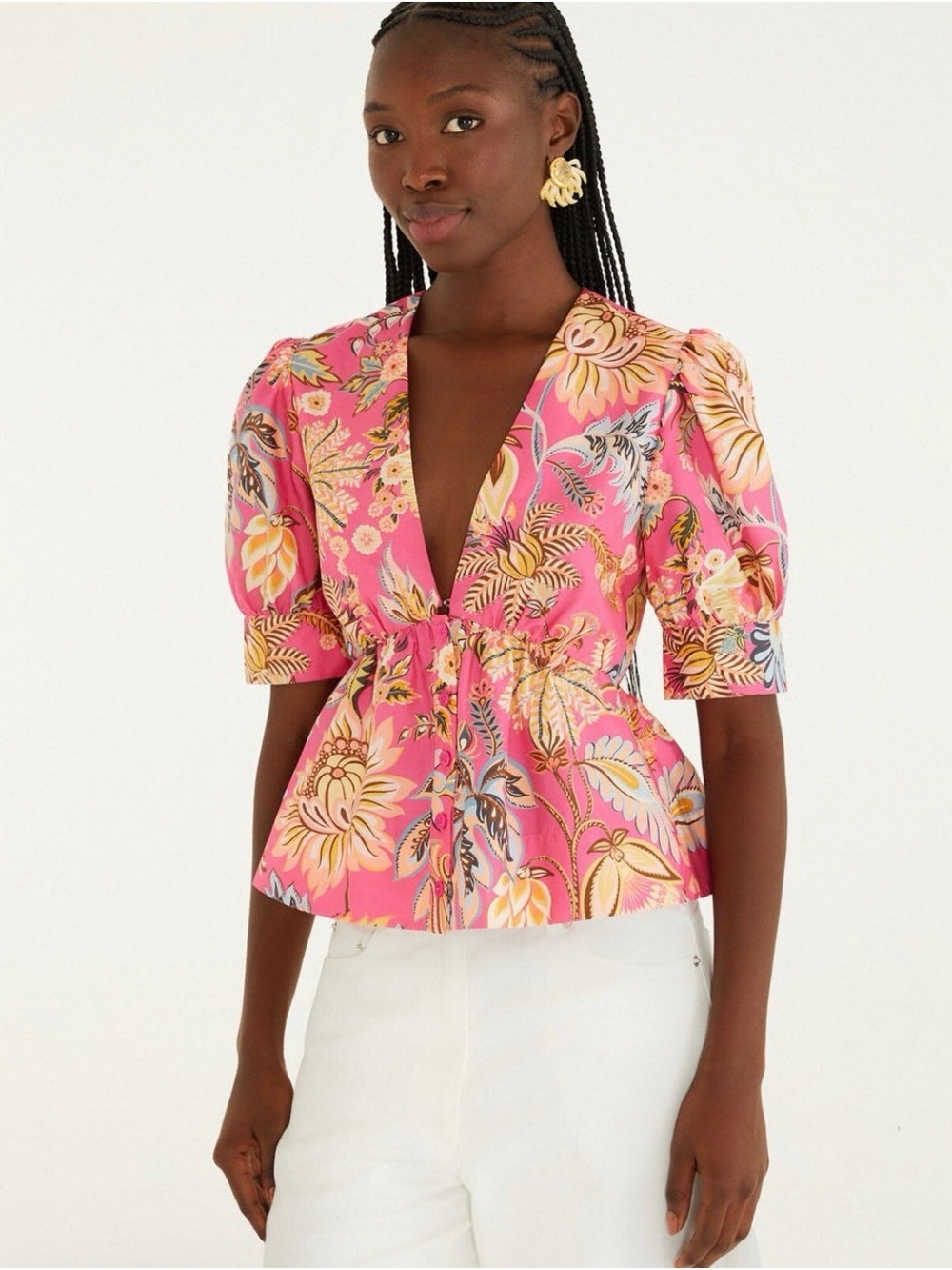 FARM Rio Pink Floral V-Neck Puff Sleeve Peplum Blouse